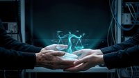 Business professionals holding glowing digital scales of justice hologram representing legal technology, law firm innovation, and corporate compliance solutions.