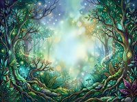 Enchanted forest clearing with glowing light, twisted trees, and magical atmosphere for fantasy artwork, book illustrations, and digital design projects.