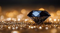Black diamond on golden glitter surface with bokeh lights background, luxury jewelry concept for wealth and precious gemstone photography.