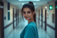 Young female healthcare worker in teal scrubs smiling confidently in hospital corridor, portraying medical profession with warm approachable demeanor.