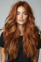 Young woman with flowing copper red hair wearing black top on gray background, natural makeup look and voluminous wavy hairstyle for beauty and fashion advertising.