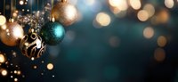 Festive Christmas ornaments in gold, teal and black with glitter details hanging against dark background with soft bokeh lights creating magical holiday atmosphere.