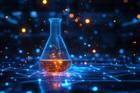 Digital laboratory flask with glowing liquid on futuristic network background with blue and orange light particles.