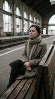Thoughtful Caucasian woman in beige coat sitting on wooden bench at vintage train station platform waiting for departure.