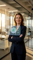 Professional businesswoman with crossed arms standing in modern office with digital interface graphics showing targets and analytics charts.