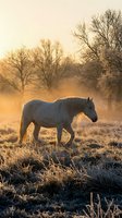 White horse walking through misty frost-covered field at sunrise with bare trees in background. Suitable for equestrian, nature, and wellness projects.