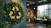 Green wreath made of fresh leaves with recycling symbol in center mounted on office wall, eco-friendly business concept with blurred modern workspace background.