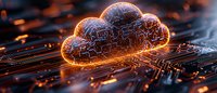Glowing orange cloud shape with circuit board patterns floating over dark electronic background represents cloud computing and digital transformation concept.