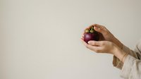 Close-up of hands holding fresh red grapes against neutral background, suitable for food, health, nutrition, and organic produce marketing materials.