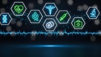 Digital healthcare technology concept with glowing medical icons in hexagonal frames above heartbeat rhythm line on dark blue background.