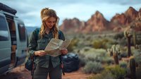Young Caucasian woman traveler with backpack reading map near camper van in desert landscape with red rock formations and saguaro cacti at sunset.