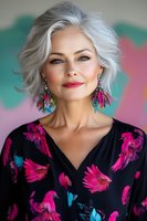 Elegant mature woman with silver hair wearing floral dress and colorful feather earrings smiling confidently against blurred pastel background. Perfect for beauty and fashion advertising.