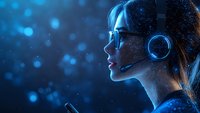 Young Asian woman in glasses and headset illuminated by blue technology lights and particles, side profile view against dark background with bokeh effect.