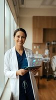 Female Hispanic doctor in white coat holding digital tablet with medical data hologram in modern hospital room for healthcare technology presentations.