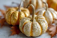 Glittering gold and white decorative pumpkins with sparkly surface on autumn leaves, creating festive seasonal decor for fall celebrations and Thanksgiving.