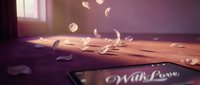 Romantic bedroom scene with rose petals scattered on bed and floor, soft sunlight streaming through window creating warm intimate atmosphere for couples.