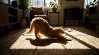 Ginger cat stretching in sunlight on living room floor with wooden furniture and plants in background, domestic pet wellness and relaxation.