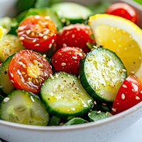 Fresh summer salad with cherry tomatoes, sliced cucumbers, and sesame seeds in white bowl. Bright vegetables dressed with olive oil and seasonings.