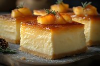 Creamy caramel cheesecake squares topped with caramelized apricots and fresh rosemary sprigs on rustic wooden surface, macro food photography for dessert menu.