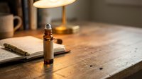 Amber glass essential oil bottle on rustic wooden table with warm lamp lighting creating cozy aromatherapy atmosphere for wellness and relaxation.