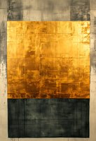 Abstract minimalist painting featuring golden yellow and deep charcoal blocks with textured grunge overlay and weathered effect creates dramatic contrast and depth.