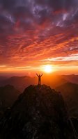 Silhouette of victorious hiker with raised arms standing on mountain peak at dramatic sunrise with vibrant orange and purple sky over mountain ranges.