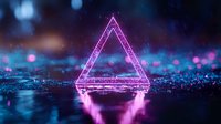 Glowing neon triangle shape with purple light reflection on wet surface against dark background with bokeh lights and water drops creating mystical atmosphere.