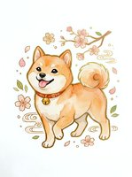 Cheerful Shiba Inu dog with golden bell collar surrounded by cherry blossoms and decorative elements on white background, isolated clipart for apparel and design projects.