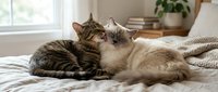 Two tabby and white cats nuzzling together on a bed with soft bedding, displaying affection and bonding in a cozy bedroom setting.