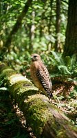 Red-tailed hawk perched on moss-covered log in lush forest environment with green foliage and trees in background, wildlife and nature photography.