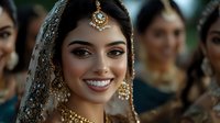 Young South Asian bride in traditional gold jewelry and embroidered dupatta smiling at camera during wedding ceremony with bridesmaids in background.