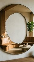 Round mirror with organic irregular frame mounted on white wall in modern interior space, reflecting wooden shelving, potted plant, and decorative objects for home decor and design projects.