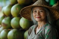 Senior Asian woman wearing traditional bamboo hat smiling at local fruit market with fresh green mangoes in background, representing authentic farm-to-table culture.
