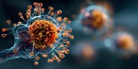 Microscopic view of virus cell with orange spikes on blue background, medical science visualization showing detailed pathogen structure for healthcare research.