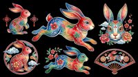 Colorful Chinese zodiac rabbit clipart set with floral folk art patterns, isolated on transparent background, ready for stickers, sublimation, t-shirt design, and print on demand.