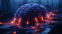 Glowing brain structure with neural connections illuminated by orange and blue light effects against dark background, representing artificial intelligence and cognitive power.