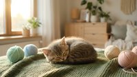 Adorable tabby kitten sleeping peacefully among colorful yarn balls on knitted blanket in cozy sunlit bedroom interior for crafting and pet content.