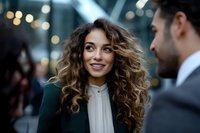 Young Hispanic businesswoman with curly hair and bright smile engaging in conversation with male colleague outdoors against blurred city lights background.