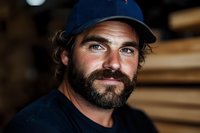 Smiling bearded man in blue cap and dark shirt portrait with warm lighting and wooden background for lifestyle and casual wear concepts.