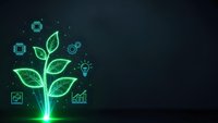 Green digital tree with technology icons on dark background representing sustainable innovation and eco-friendly business growth solutions.