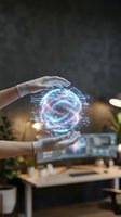 Hands in white gloves holding glowing digital sphere with swirling data streams and circuit patterns, representing technology innovation and artificial intelligence for futuristic business concepts.