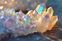 Iridescent rainbow crystal cluster with holographic reflections and warm golden light creating magical prismatic effects on dark surface.