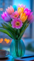 Vibrant multicolored tulips in turquoise glass vase with coffee cup and notebook on windowsill against blurred bokeh background, morning atmosphere with soft natural light.