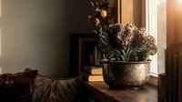 Dried flowers and ornamental grasses arranged in textured pot on wooden surface near window with warm sunlight, suitable for home decor and interior design projects.