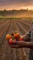 Farmer holding fresh ripe tomatoes in cupped hands at sunset over agricultural field rows. Organic farming harvest concept for healthy food production.