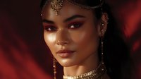Young South Asian woman wearing traditional gold jewelry and headpiece against dark red background, dramatic lighting highlights bronzed makeup and cultural fashion elements.