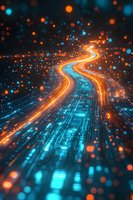 Glowing digital highway with orange and blue light trails against dark background, representing data flow and technological connectivity in modern networks.