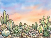 Watercolor desert landscape with various cacti and succulents arranged in sandy terrain under a soft sunset sky with pink, orange, and blue hues. Suitable for botanical art, home decor, and nature-themed designs.