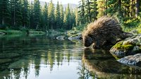 Porcupine drinking water at forest lake edge with evergreen trees reflected in calm surface during golden hour wilderness scene.