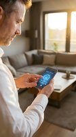 Middle-aged Caucasian man using smartphone with smart home control app in modern living room with warm sunlight streaming through windows.